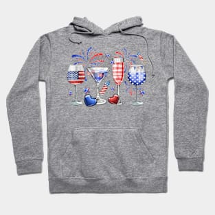 4th Of July Wine Glasses, Independence Day, USA Flag Hoodie